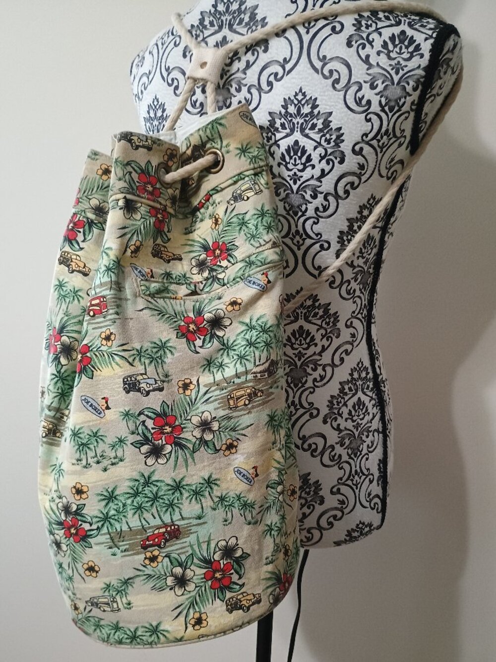 Vintage Joe Boxer Drawstring Bucket Bag Tropical Canvas